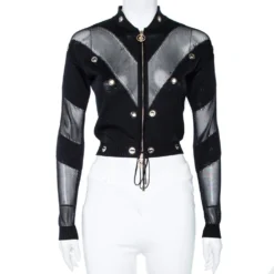Versace Black & Gold Eyelet Detail Knit Zip Front Jacket S For Women