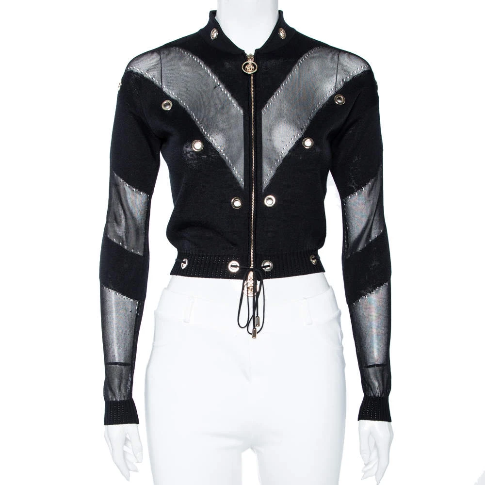 Versace Black & Gold Eyelet Detail Knit Zip Front Jacket S For Women 1 Versace Black & Gold Eyelet Detail Knit Zip Front Jacket S For Women