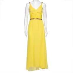 Versace Yellow Silk & Laser Cut Bodice Detailed Belted Dress M For Women