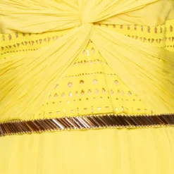 Versace Yellow Silk & Laser Cut Bodice Detailed Belted Dress M For Women -Versace Official Website luxury women versace used clothes p586276 1643783483 005