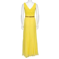 Versace Yellow Silk & Laser Cut Bodice Detailed Belted Dress M For Women -Versace Official Website luxury women versace used clothes p586276 1643783490 007