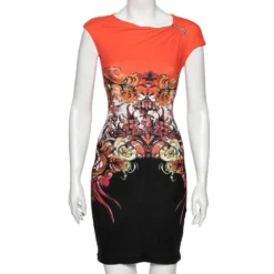 Versace Orange & Black Printed Jersey Sleeveless Short Dress S For Women