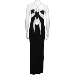 Versace Black Crepe Contrast Paneled Eyelet Studded Maxi Dress S For Women -Versace Official Website luxury women versace used clothes p596291 001