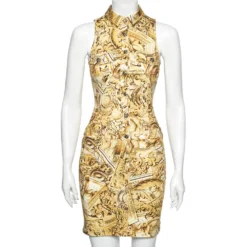 Versace Yellow Printed Cotton Button Front Sleeveless Dress S For Women