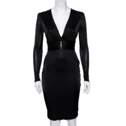 Versace Black Jersey Deep V-Neck Belted Dress S For Women