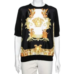 Versace Black Medusa Printed Silk Crew Neck Top L For Women
