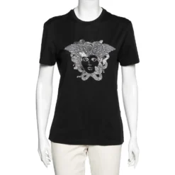 Versace Black Medusa Head Embroidered Cotton T-Shirt S For Women