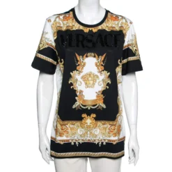 Versace Black & Gold Crystal Logo Medusa Renaissance Printed Cotton Top L For Women