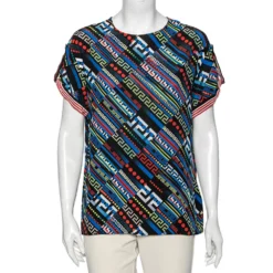 Versace Multicolor La Greca Printed Silk Crew Neck Short Sleeve Blouse M For Women