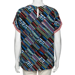 Versace Multicolor La Greca Printed Silk Crew Neck Short Sleeve Blouse M For Women -Versace Official Website luxury women versace used clothes p617459 006