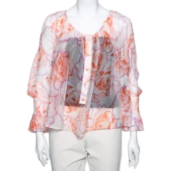 Versace Orange Rose Printed Silk Button Front Long Sleeve Blouse S For Women