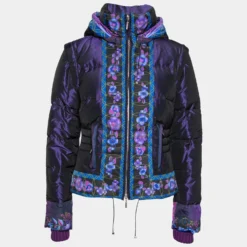 Versace Purple Floral Printed Down Synthetic Puffer Jacket M For Women