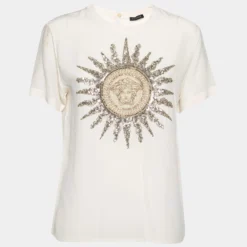 Versace Cream Silk Logo Embroidered And Embellished Blouse S For Women