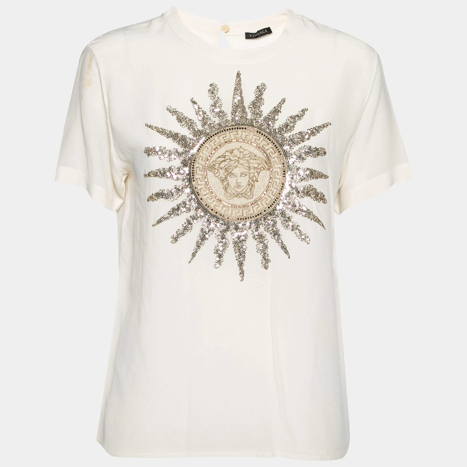 Versace Cream Silk Logo Embroidered And Embellished Blouse S For Women 1 Versace Cream Silk Logo Embroidered And Embellished Blouse S For Women