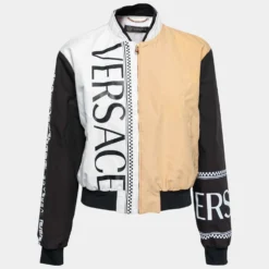 Versace Official Website 13 Versace Tricolor Logo Printed Synthetic Zip Front Bomber Jacket M For Women