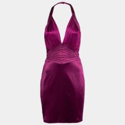 Versace Dark Purple Satin Halter Neck Mini Dress M For Women