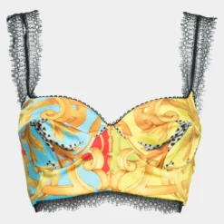 Versace Multicolor Baroque Acanthus Pop Print Satin Bustier Bralette Top M For Women