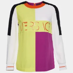 Versace Colorblock Crepe Logo Embossed Long Sleeve Blouse S For Women