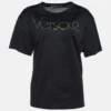 Versace Tribute Black Jersey Metallic Logo Print T-Shirt M For Women