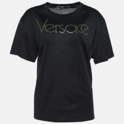 Versace Tribute Black Jersey Metallic Logo Print T-Shirt M For Women