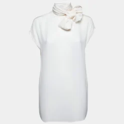 Versace Cream Silk Neck Tie Detail Sleeveless Blouse M For Women