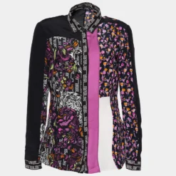 Versace Black & Pink Silk Floral Print Patched Blouse M For Women
