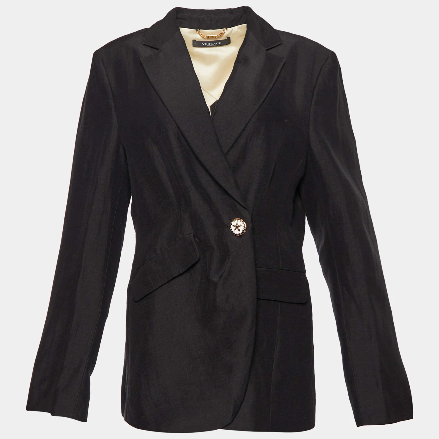 Versace Black Linen Blend Single Buttoned Blazer L For Women 1 Versace Black Linen Blend Single Buttoned Blazer L For Women