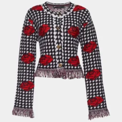 Versace Monochrome Rose Jacquard Wool Fringed Jacket M For Women