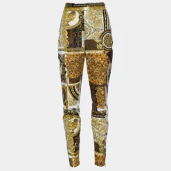 Versace Gold & Black Coated Knit Barocco Print Leggings M For Women