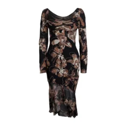 Versace Black Floral Printed Silk Ruffle Bottom Midi Dress S For Women