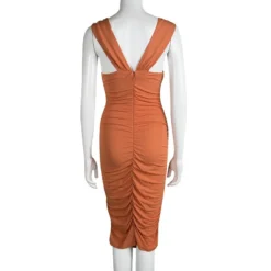 Versace Orange Ruched Sleeveless V- Neck Dress S For Women -Versace Official Website luxury women versace used clothes p92616 003