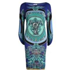 Versace Blue Printed Long Sleeve Dress L For Women