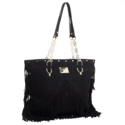 Versace Black Suede Fringe Tote For Women -Versace Official Website luxury women versace used handbags p101222 003