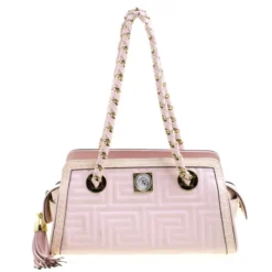 Versace Pink Croc Embossed Trim Leather Signature Shoulder Bag For Women