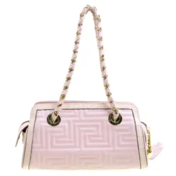 Versace Pink Croc Embossed Trim Leather Signature Shoulder Bag For Women -Versace Official Website luxury women versace used handbags p103727 004