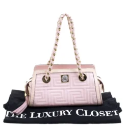 Versace Pink Croc Embossed Trim Leather Signature Shoulder Bag For Women -Versace Official Website luxury women versace used handbags p103727 009