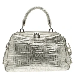 Versace Metallic Silver Python Satchel For Women -Versace Official Website luxury women versace used handbags p105434 0004