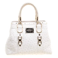 Versace White Ostrich Leather Snap Out Of It Tote For Women