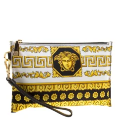 Versace Yellow Printed Nylon Cosmetic Pouch For Women -Versace Official Website luxury women versace used handbags p125387 003