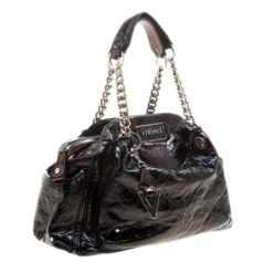 Versace Holographic Black Textured Patent Leather Satchel For Women -Versace Official Website luxury women versace used handbags p125574 0003