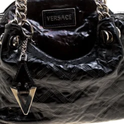 Versace Holographic Black Textured Patent Leather Satchel For Women -Versace Official Website luxury women versace used handbags p125574 0005