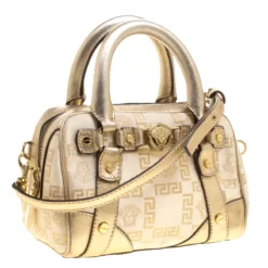 Versace Gold Canvas And Leather Medusa Satchel For Women -Versace Official Website luxury women versace used handbags p133220 003