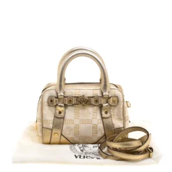 Versace Gold Canvas And Leather Medusa Satchel For Women -Versace Official Website luxury women versace used handbags p133220 009