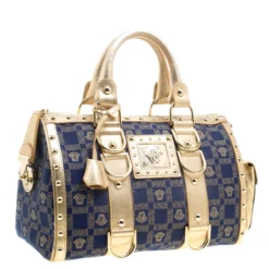 Versace Blue/Gold Fabric And Leather Snap Out Of It Satchel For Women -Versace Official Website luxury women versace used handbags p136878 0003