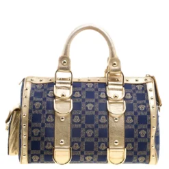 Versace Blue/Gold Fabric And Leather Snap Out Of It Satchel For Women -Versace Official Website luxury women versace used handbags p136878 0004