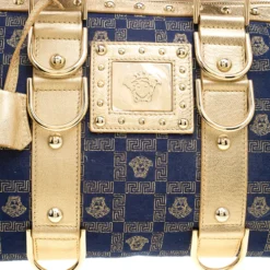 Versace Blue/Gold Fabric And Leather Snap Out Of It Satchel For Women -Versace Official Website luxury women versace used handbags p136878 0005