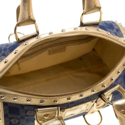 Versace Blue/Gold Fabric And Leather Snap Out Of It Satchel For Women -Versace Official Website luxury women versace used handbags p136878 0007