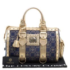 Versace Blue/Gold Fabric And Leather Snap Out Of It Satchel For Women -Versace Official Website luxury women versace used handbags p136878 0009