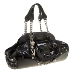 Versace Black Patent Leather Chain Link Satchel For Women -Versace Official Website luxury women versace used handbags p140329 0003