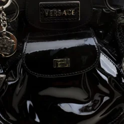Versace Black Patent Leather Chain Link Satchel For Women -Versace Official Website luxury women versace used handbags p140329 0005